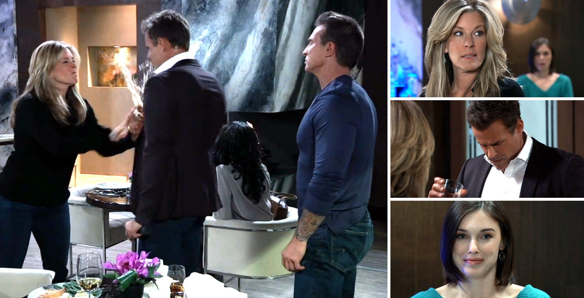 General Hospital's Carly shoving a drink at Drew while Willow smirks. | Image source: ABC
