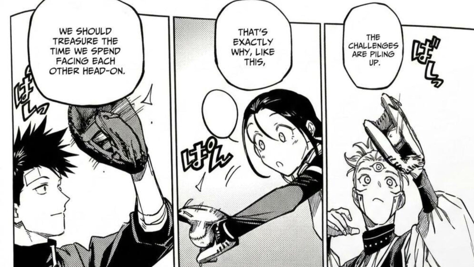 Tsurugi, Yuka, and Maru, playing catch - Source: Shueisha