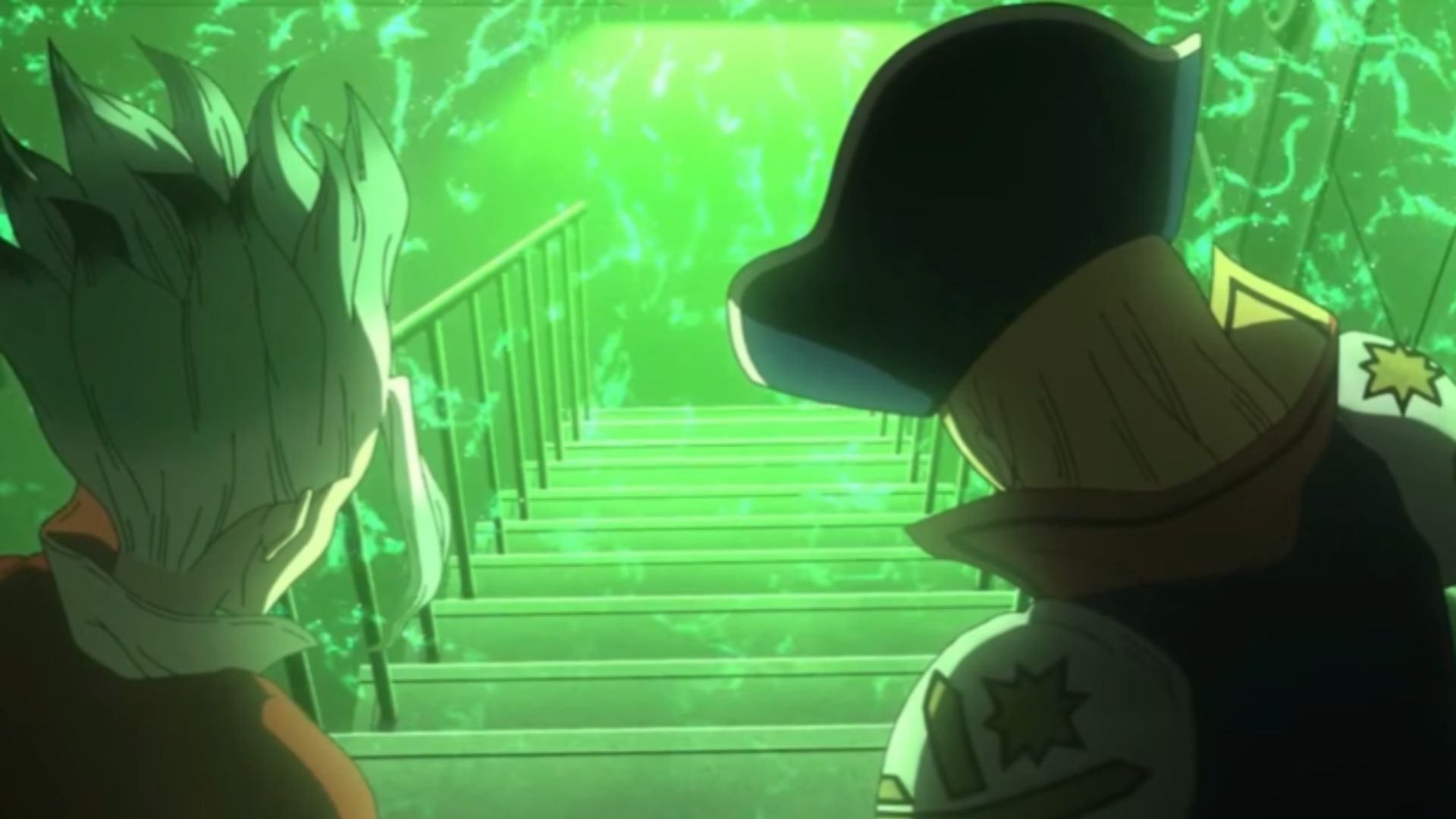 Senku and Nanami in front of the beam - Source: TMS Entertainment