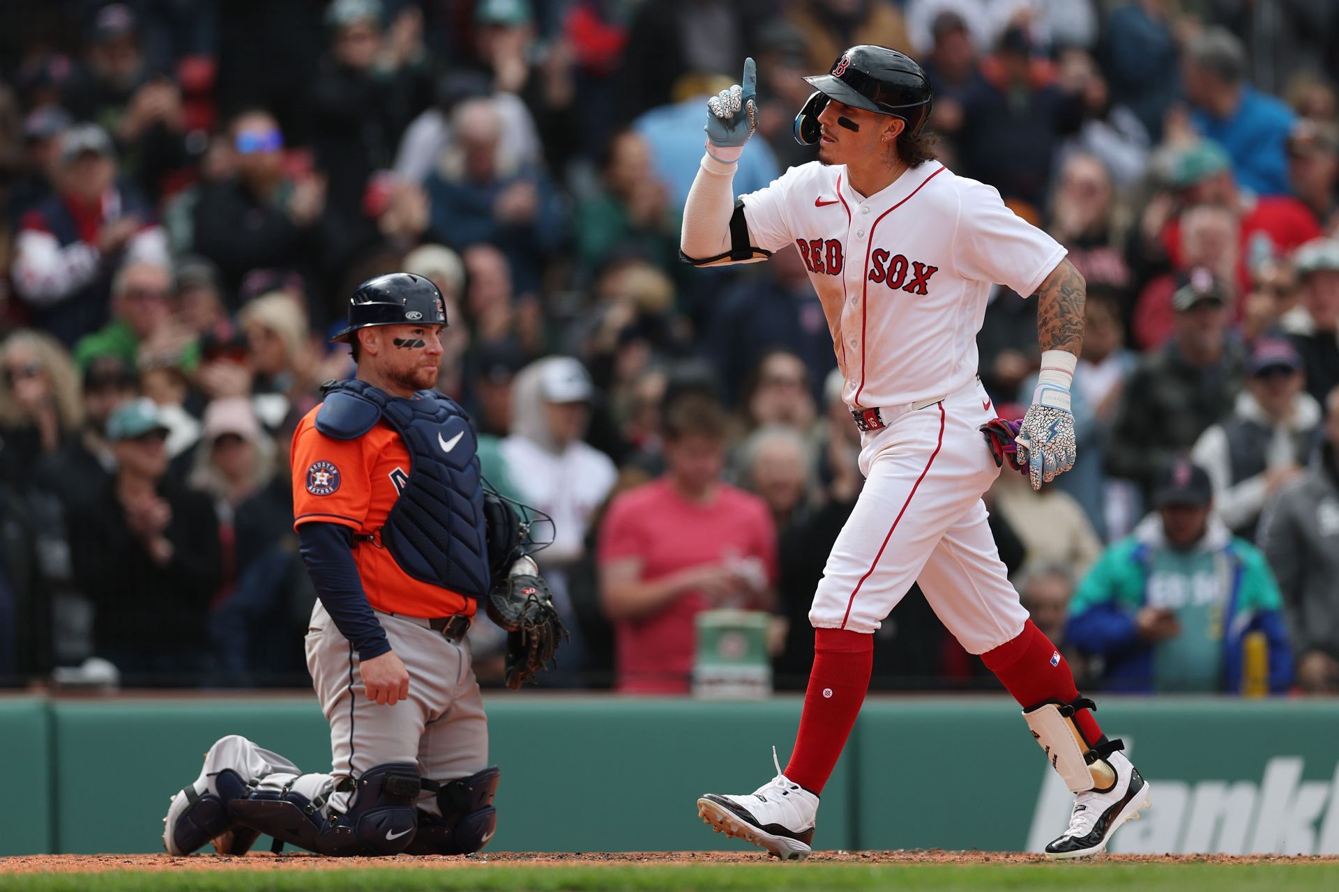 Jarren Duran #16 of the Boston Red Sox celebrates after hitting a home run against the Houston Astros during the fifth inning at Fenway Park during the Houston Astros v Boston Red Sox - Source: Getty