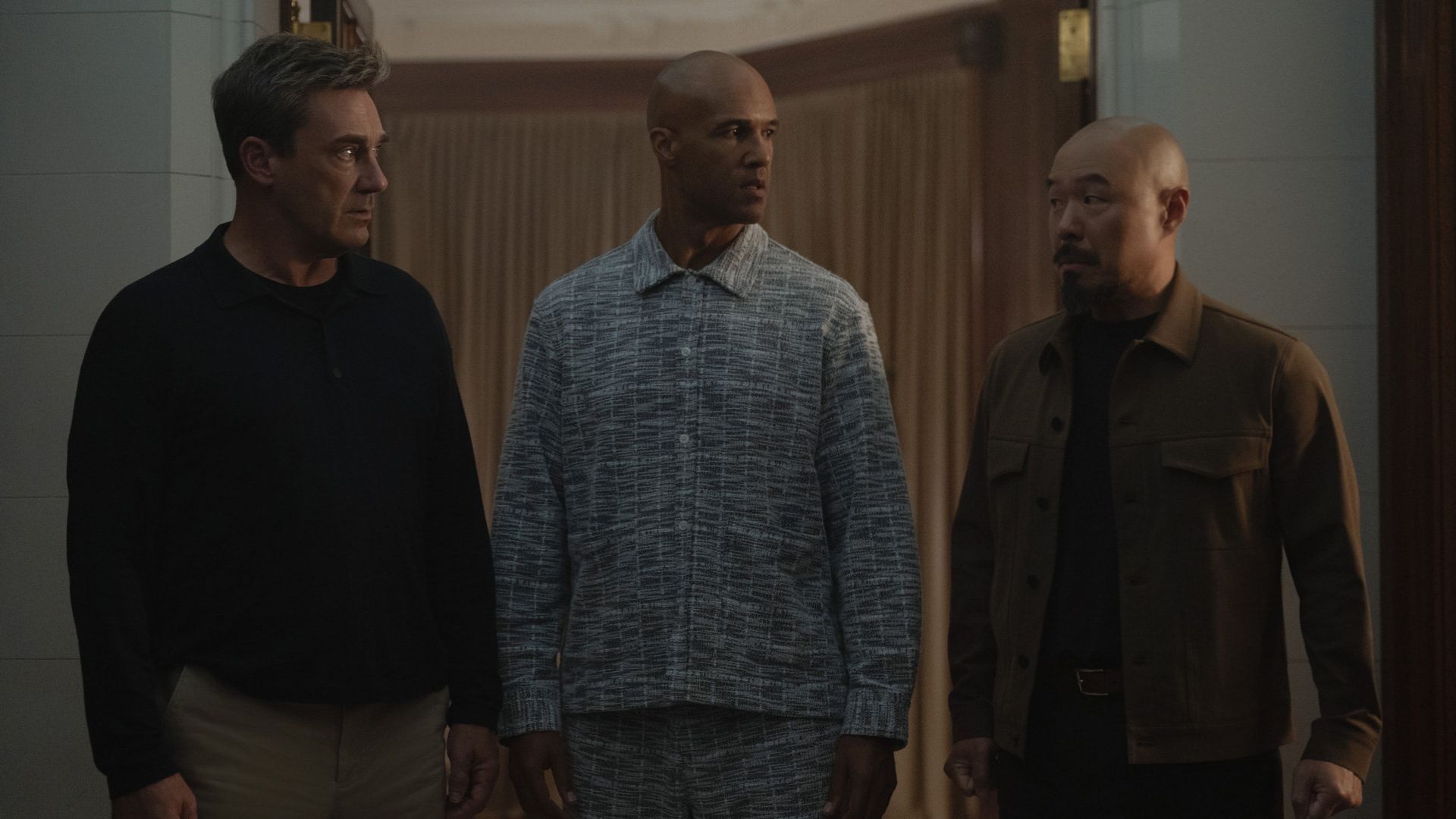 Jon Hamm, Mark Tallman and Hoon Lee (Image via Apple TV+ Press)
