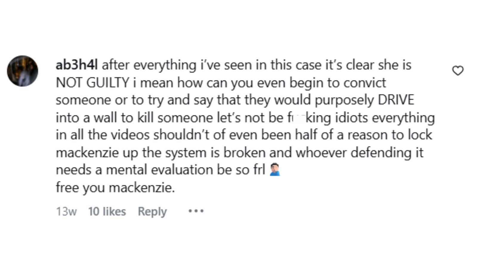 A comment under Mackenzie Shirilla’s Instagram