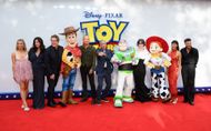 (L-R) Sian Welby, Lindsey Collins, Andrew Stanton, 'Woody', Tom Hanks, Tim Allen, 'Buzz Lightyear', Joan Cusack, 'Jessie', Greta Lee and Jordan North attend the "Toy Story 5" UK launch event at Odeon Luxe Leicester Square on May 28, 2026 in London, England - Source: Getty