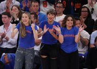 (L to R) Este Haim, Taylor Swift, and Mariska Hargitay react during 2026 NBA Finals - Game Four - Source: Getty