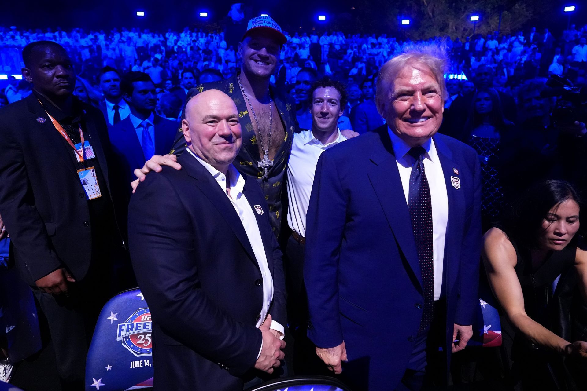 (L-R) UFC President and CEO Dana White, Tyson Fury, Mark Zuckerberg and U.S President Donald J. Trump attend the UFC Freedom 250 event on the South Lawn at the White House on June 14, 2026 in Washington, DC- Source: Getty