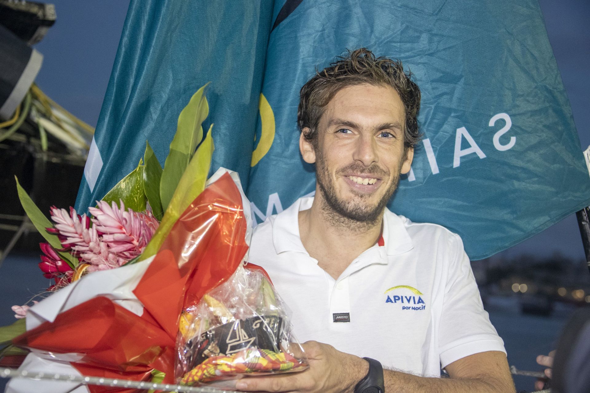 Imoca Apivia skipper Charlie Dalin (FRA) is interviewed by media at Route du Rhum - Finish - Source: Getty