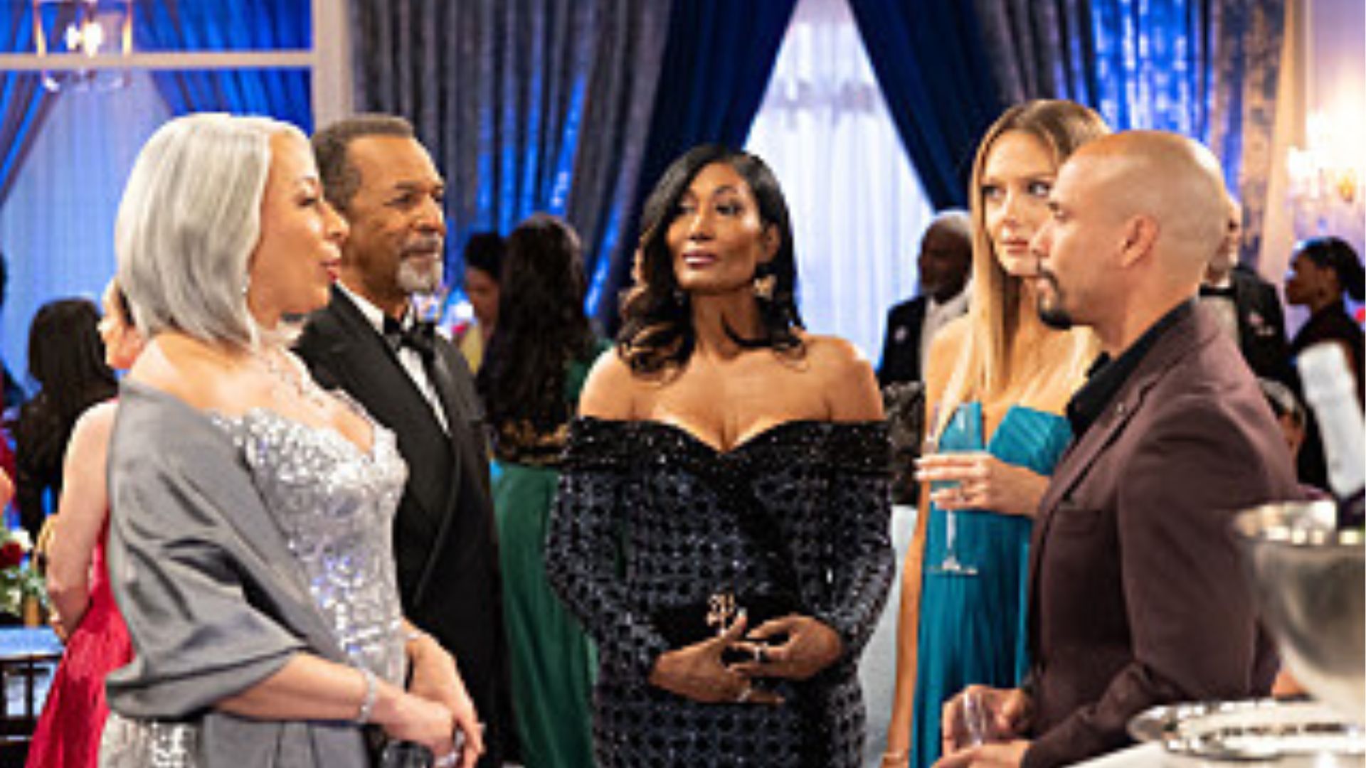 Tamara Tunie as Anita Dupree, Clifton Davis as Vernon Dupree, Trisha Mann-Grant as Leslie Thomas, Melissa Ordway as Abby Newman and Bryton James as Devon Winters. Photo: Quantrell Colbert/CBS