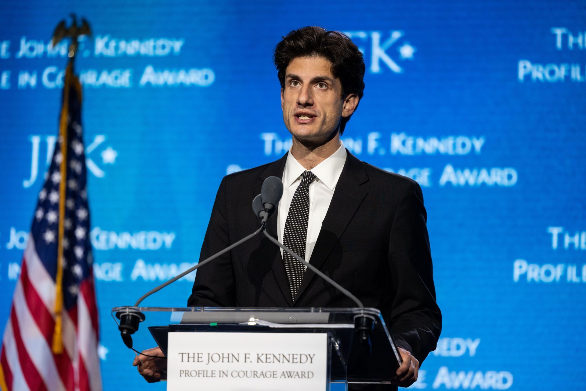 Jack Schlossberg speaks before giving the 2026 John F. Kennedy Profile in Courage Award to Jerome Powell, the 16th Chair for the U.S. Federal Reserve on May 31, 2026 in Boston, Massachusetts. Powell was replaced by Kevin Warsh as the Federal Reserve Chair on May 22nd - Source: Getty