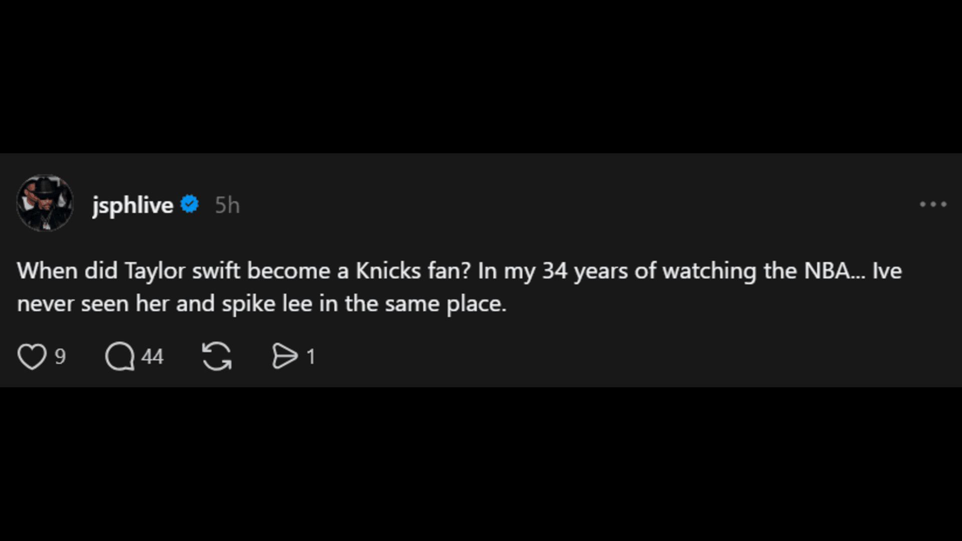 A social media user questions Taylor Swift's loyalty toward the Knicks. (Image via Threads)