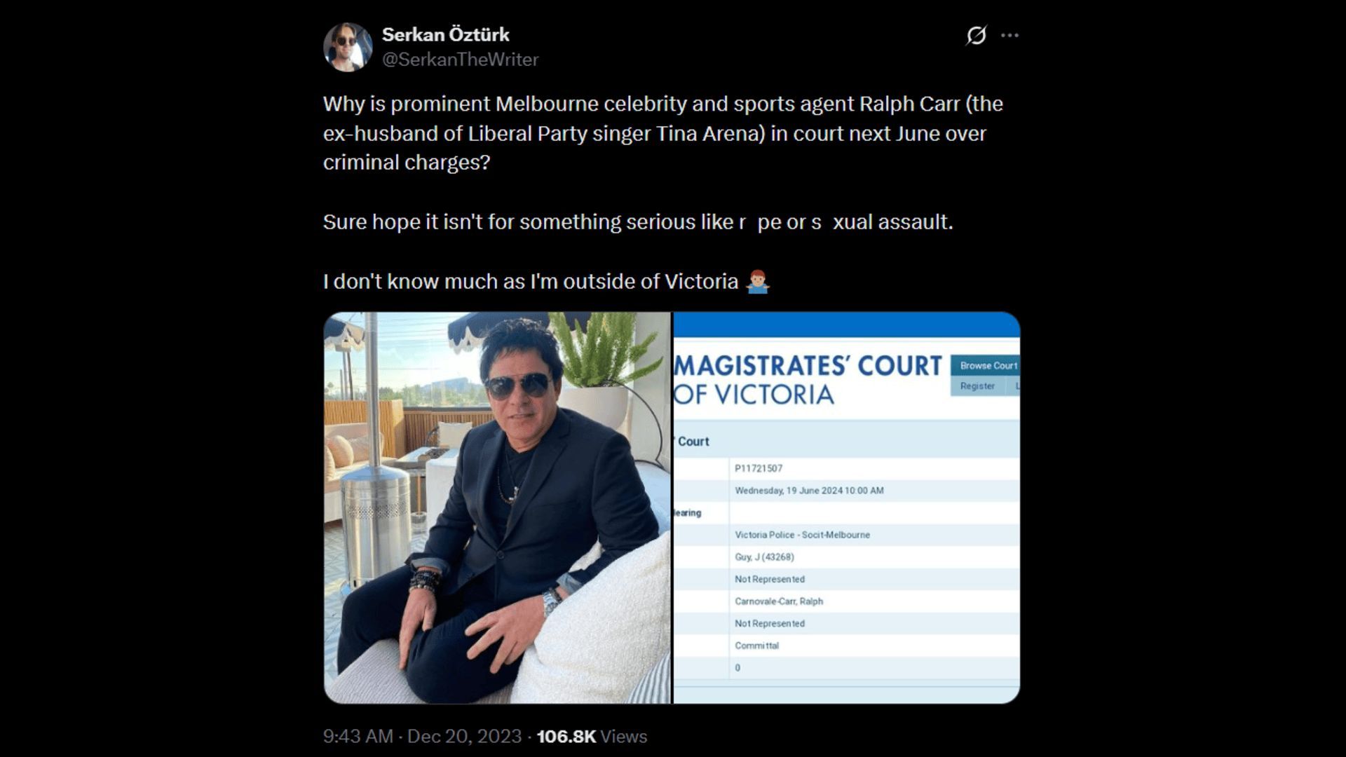 Tina Arena's ex-husband and manager was in court in mid-2023. (Image via X)