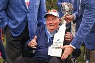 Businessman Denny Sanford poses with the trophy during the first round of the Sanford International 2025 at Minnehaha Country Club on September 12, 2025 in Sioux Falls, South Dakota - Source: Getty