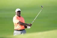 Marshall Faulk plays a shot on the 18th hole during the first round of the James Hardie Pro Football Hall of Fame Invitational 2026 at The Old Course at Broken Sound on March 06, 2026 in Boca Raton, Florida. - Source: Getty
